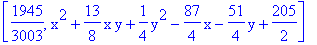 [1945/3003, x^2+13/8*x*y+1/4*y^2-87/4*x-51/4*y+205/2]